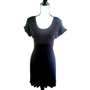 Vtg 90's Y2K Zanoni Jalate Black Slinky Acetate Sparkle Bodice Flared Dress M